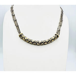 Vintage Brighton 3 strand silver tone beaded chain w/braided curved bar necklace